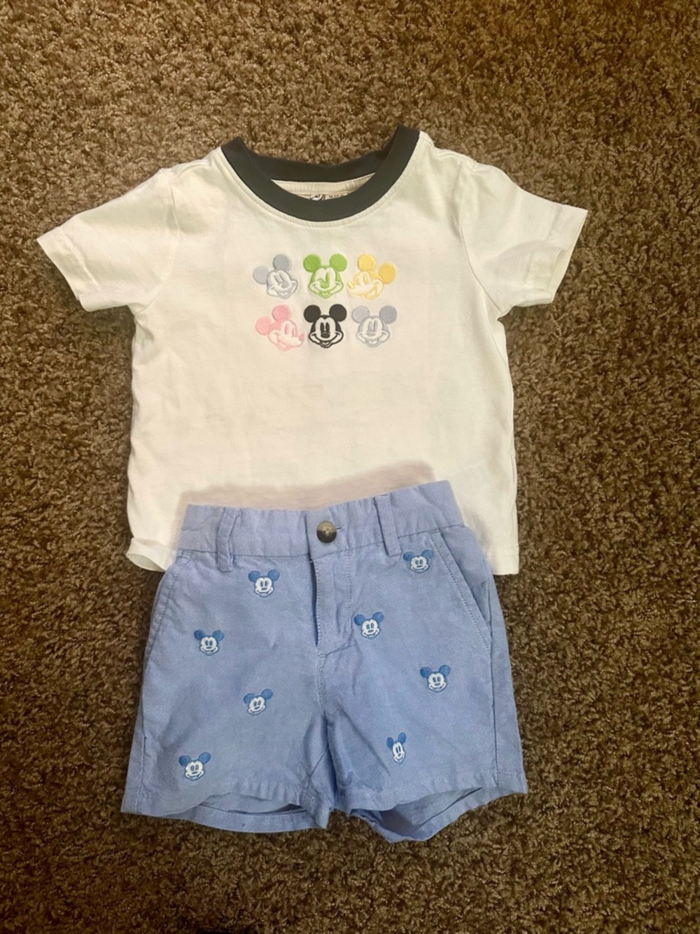Janie and Jack White Tee with Multi-Color Mickeys & Light Blue Shorts